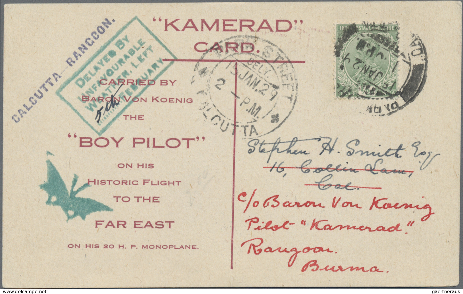 India - Air Mail: 1929, 15 January, Baron Von Koenig Flight Berlin To Tokyo, Cal - Posta Aerea