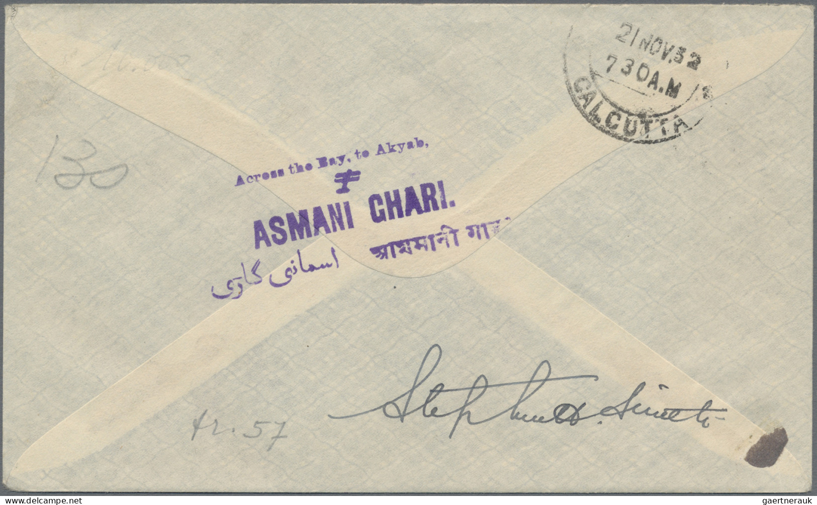 India - Air Mail: 1932 ASMANI GHARI Stage Akyab-Calcutta (17.11.1932) By French - Poste Aérienne