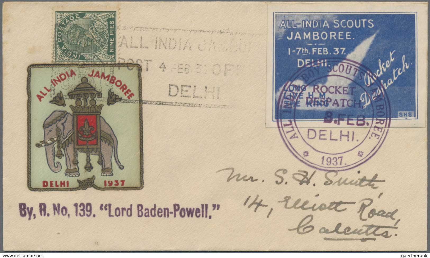 India - Rocket Mail: 1937 (3 Feb.) "ALL INDIA SCOUTS JAMBOREE/DELHI 1937": Cover - Otros & Sin Clasificación