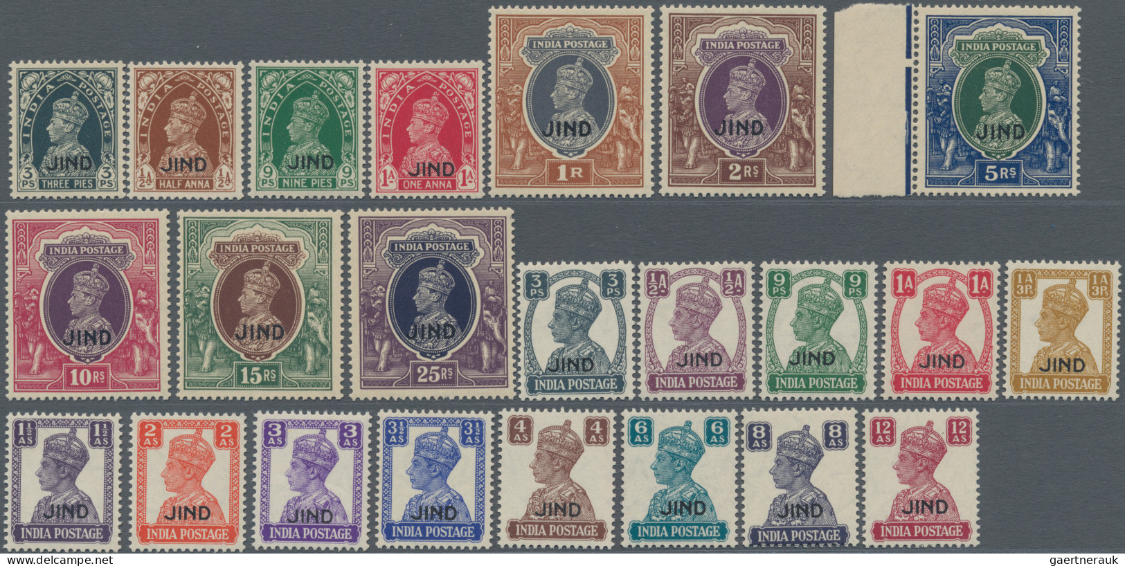 Jind: 1941-43 KGVI Definitives Complete Sets Of 10 And 13 Optd. "JIND", Mint Nev - Jhind