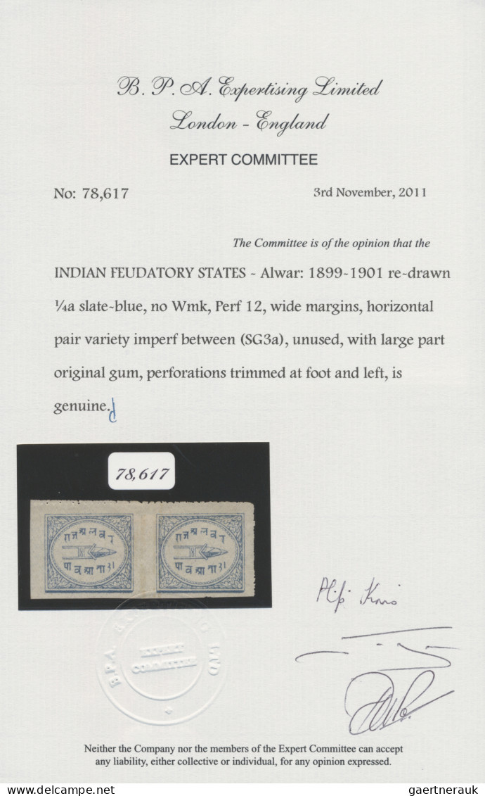 Alwar: 1899-1901 Re-drawn ¼a. Slate-blue, Wide Margins, Horizontal Pair Showing - Alwar