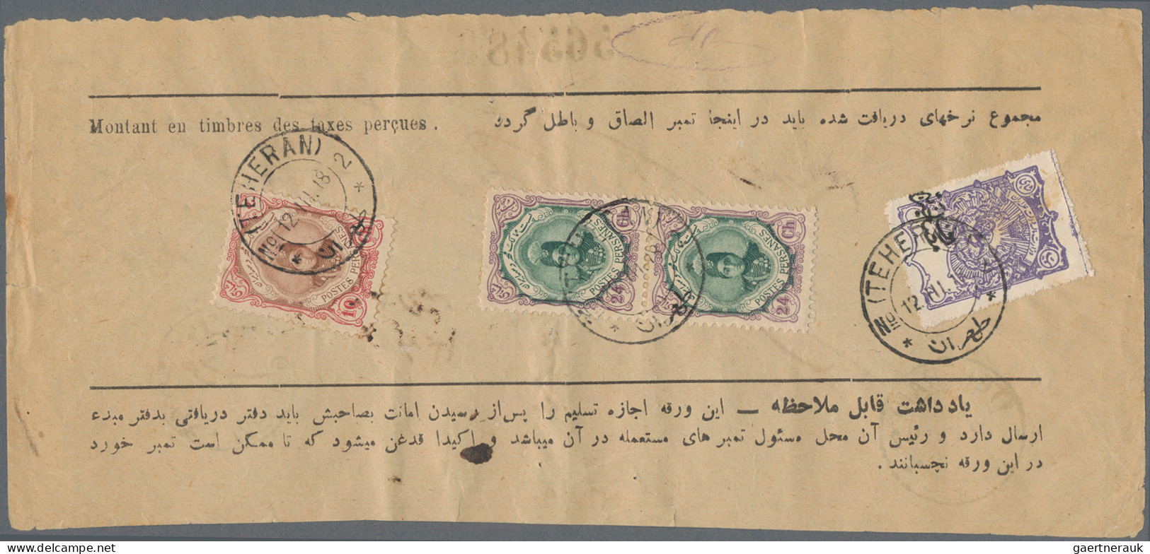 Iran: 1918 Two Receipts Of Deliverance Labels, Each Franked By Teheran Compulsor - Iran