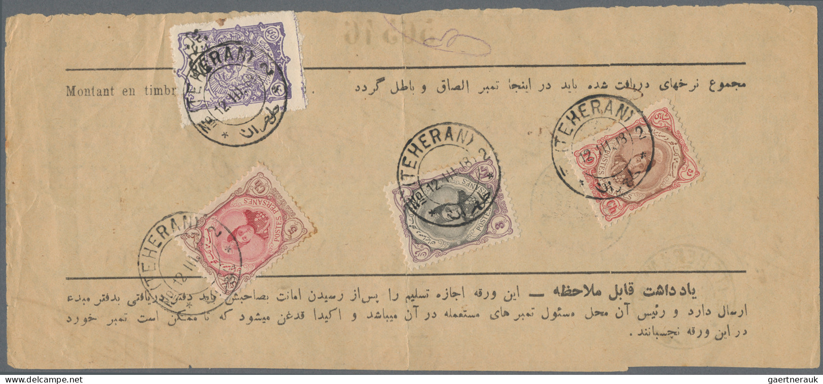 Iran: 1918 Two Receipts Of Deliverance Labels, Each Franked By Teheran Compulsor - Irán