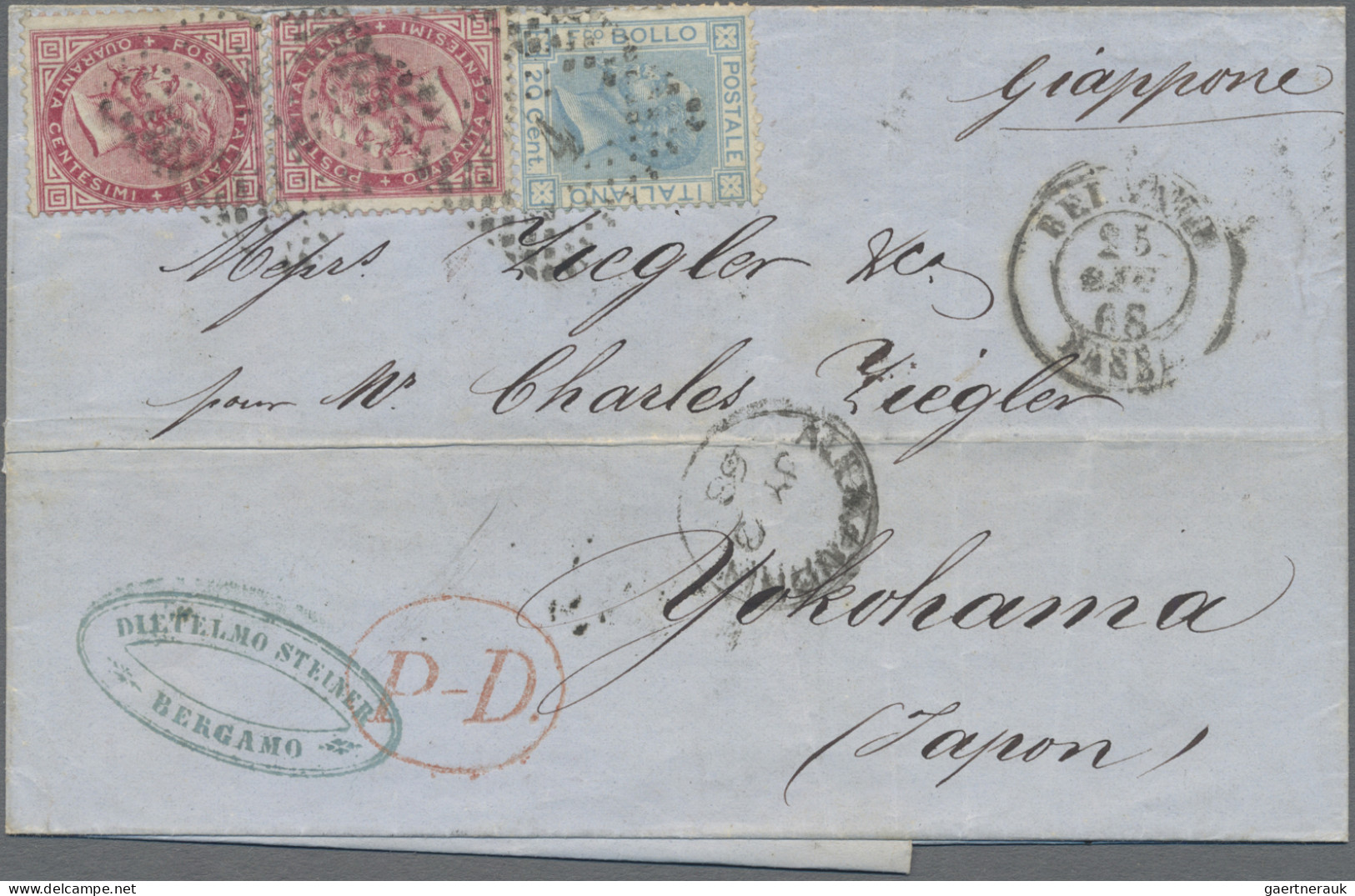 Japan: 1868, Italy: 25 C., 40 C. (2) Tied Dotted Circle "4" To Cover From "Berga - Autres & Non Classés