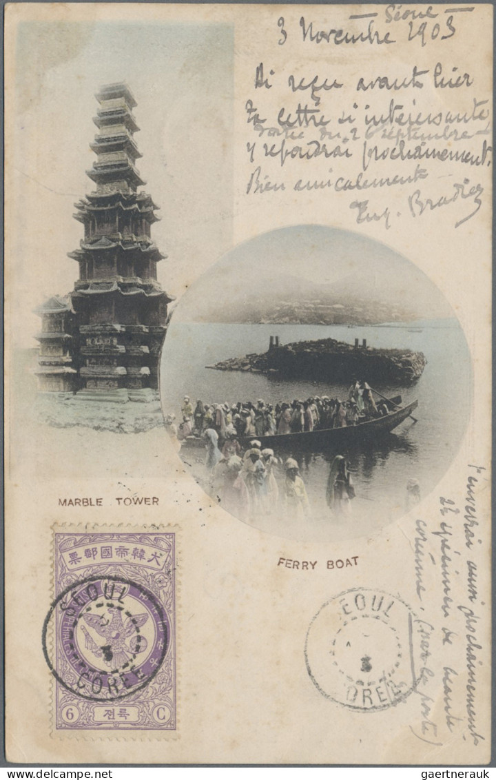 Korea: 1904, Falcon 6 Ch. Violet Tied "SEOUL 3 NOV 3" To Reverse Of Ppc "ferry B - Corée (...-1945)