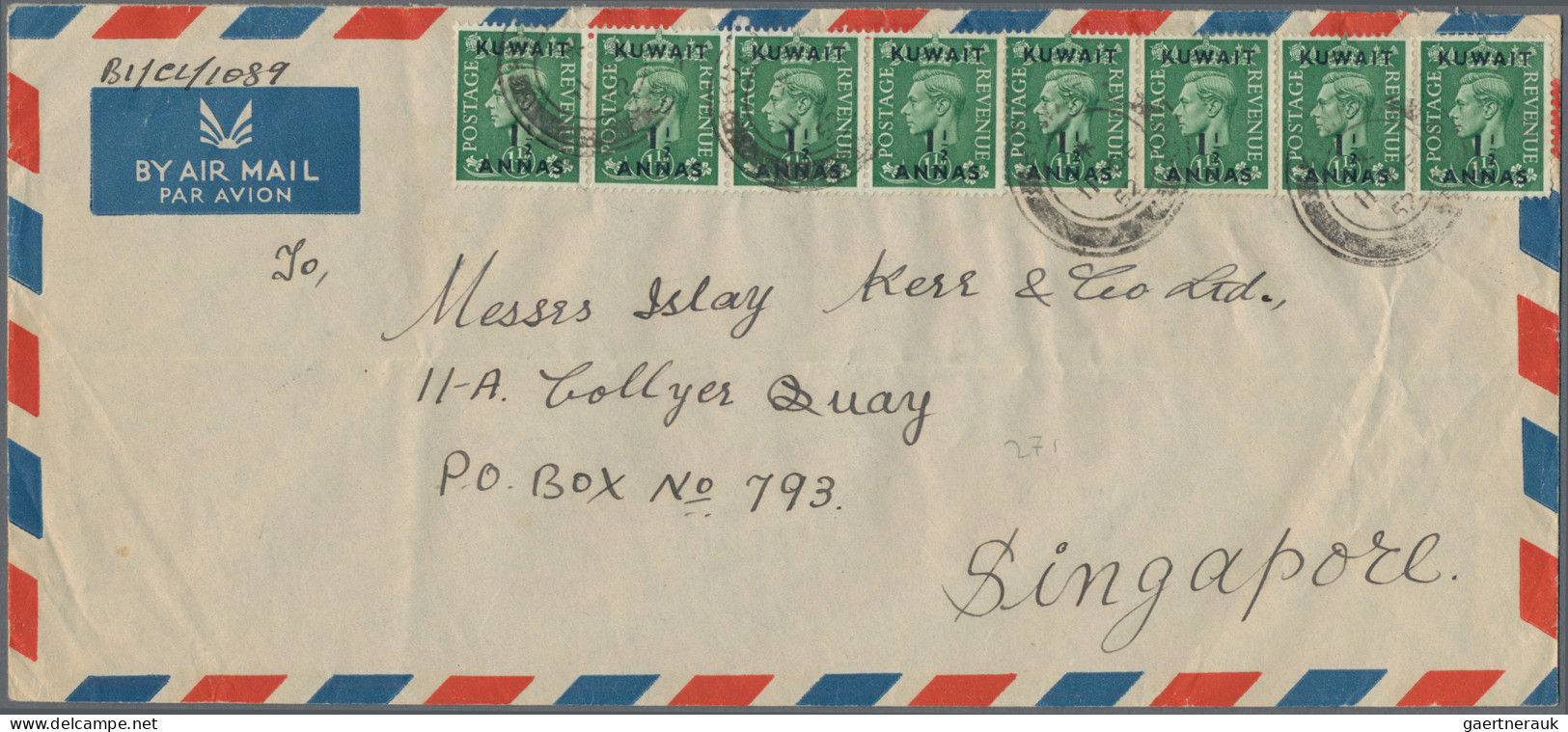 Kuwait: 1952 Air Mail Envelope To Singapore Franked By 8 (two Strips Of Four) KG - Koeweit