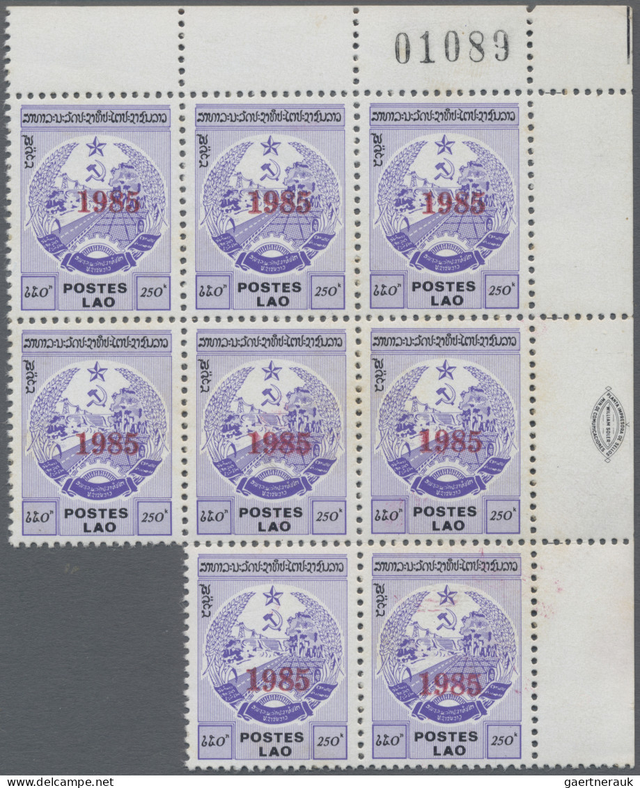 Laos: 1985 Provisional 250k., Top Right Corner Block Of 8, Optd. "1985" In Red, - Laos