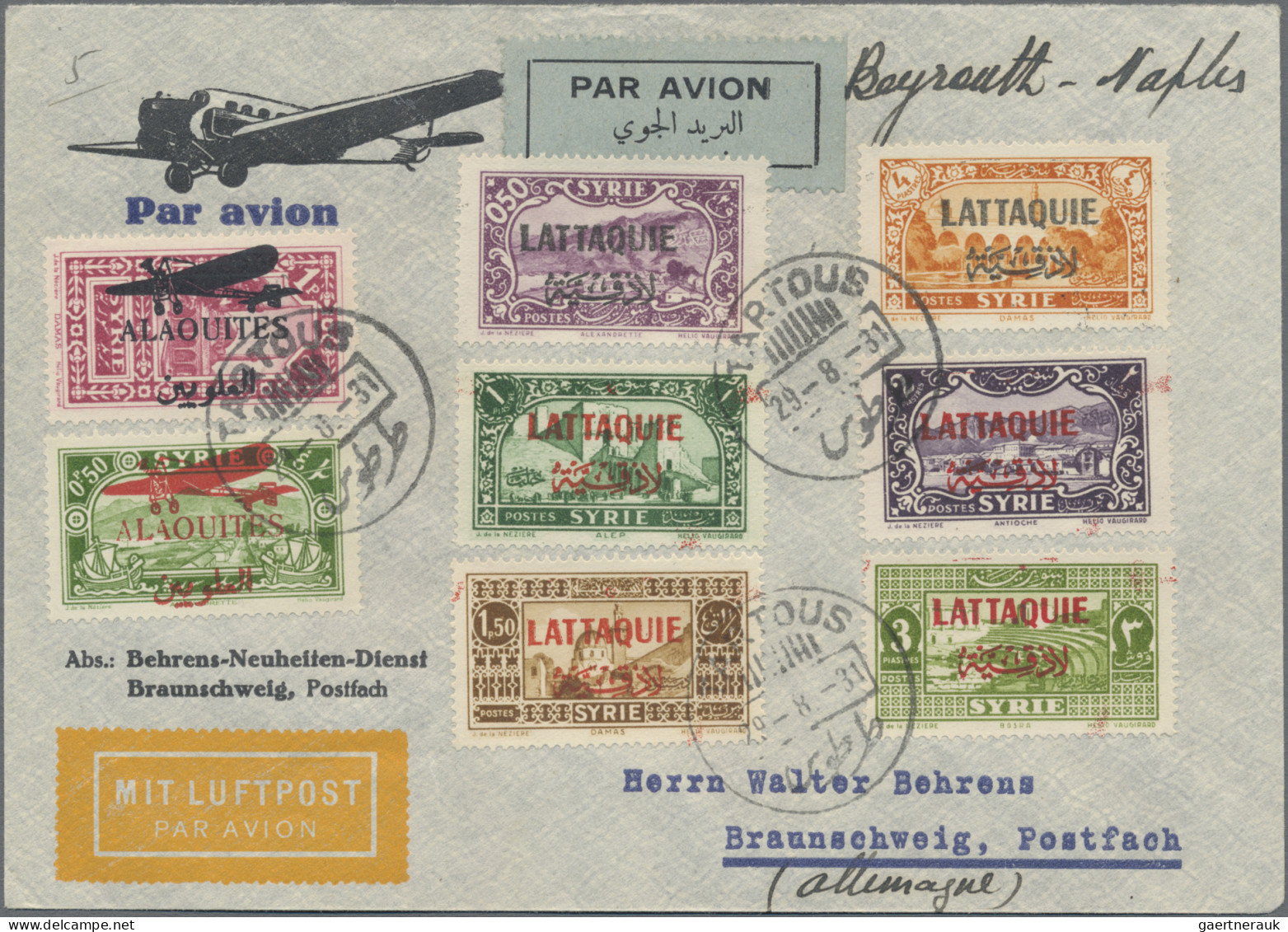 Latakia: 1931, Air Mail Overprint Stamps (6) With Alaouites Air Mail Ovpt. Stamp - Lettres & Documents