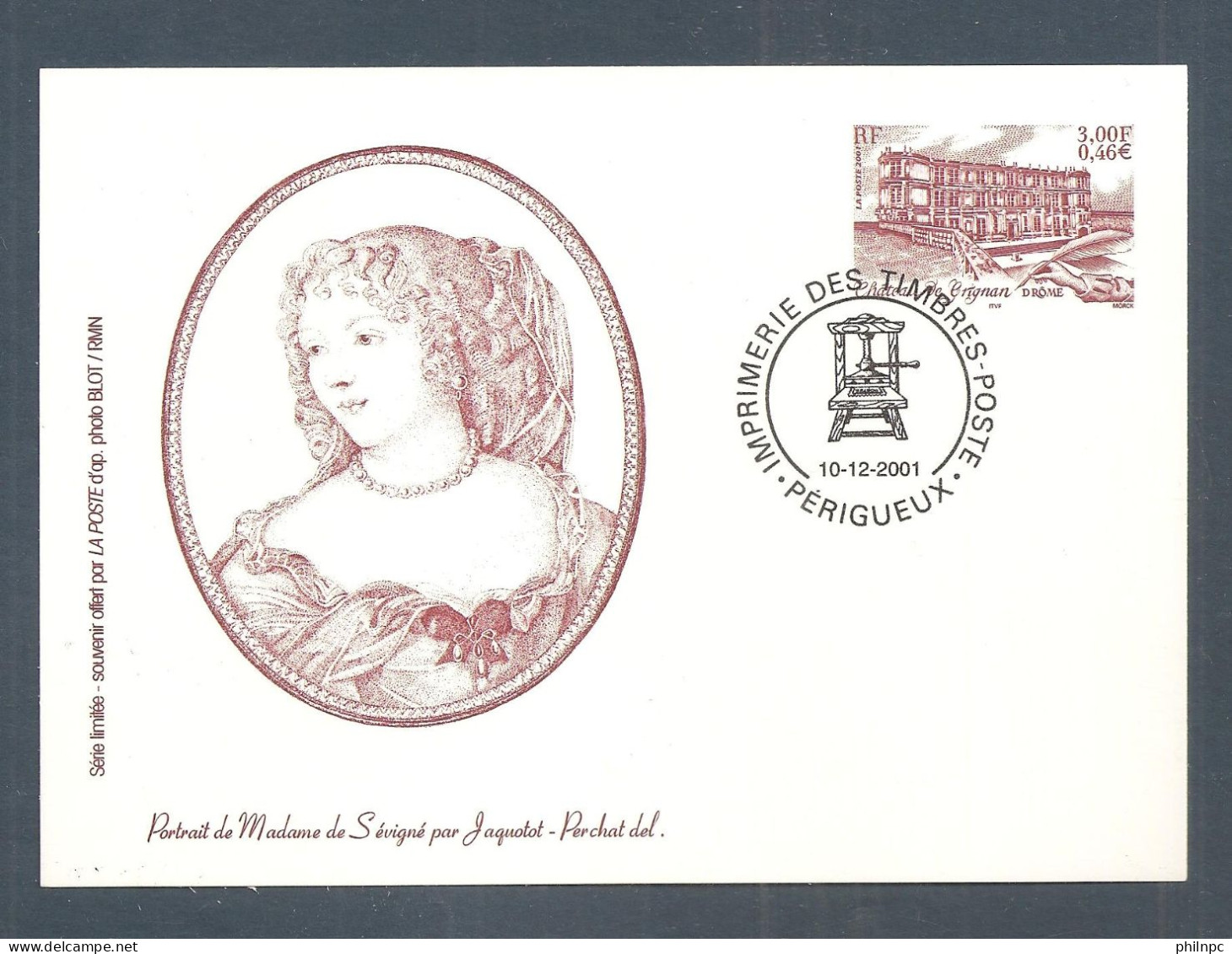 France, Entier Postal, Souvenir Philatélique, 3415, Oblitéré Périgueux, TTB, Château De Grignan, Madame De Sévigné - Pseudo-entiers Officiels