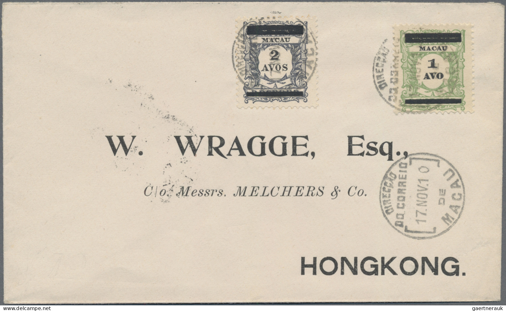 Macao: 1910, 1 A. On Light Green And 2 A. On Slate Violet Tied "MACAU 17 NOV 10" - Lettres & Documents