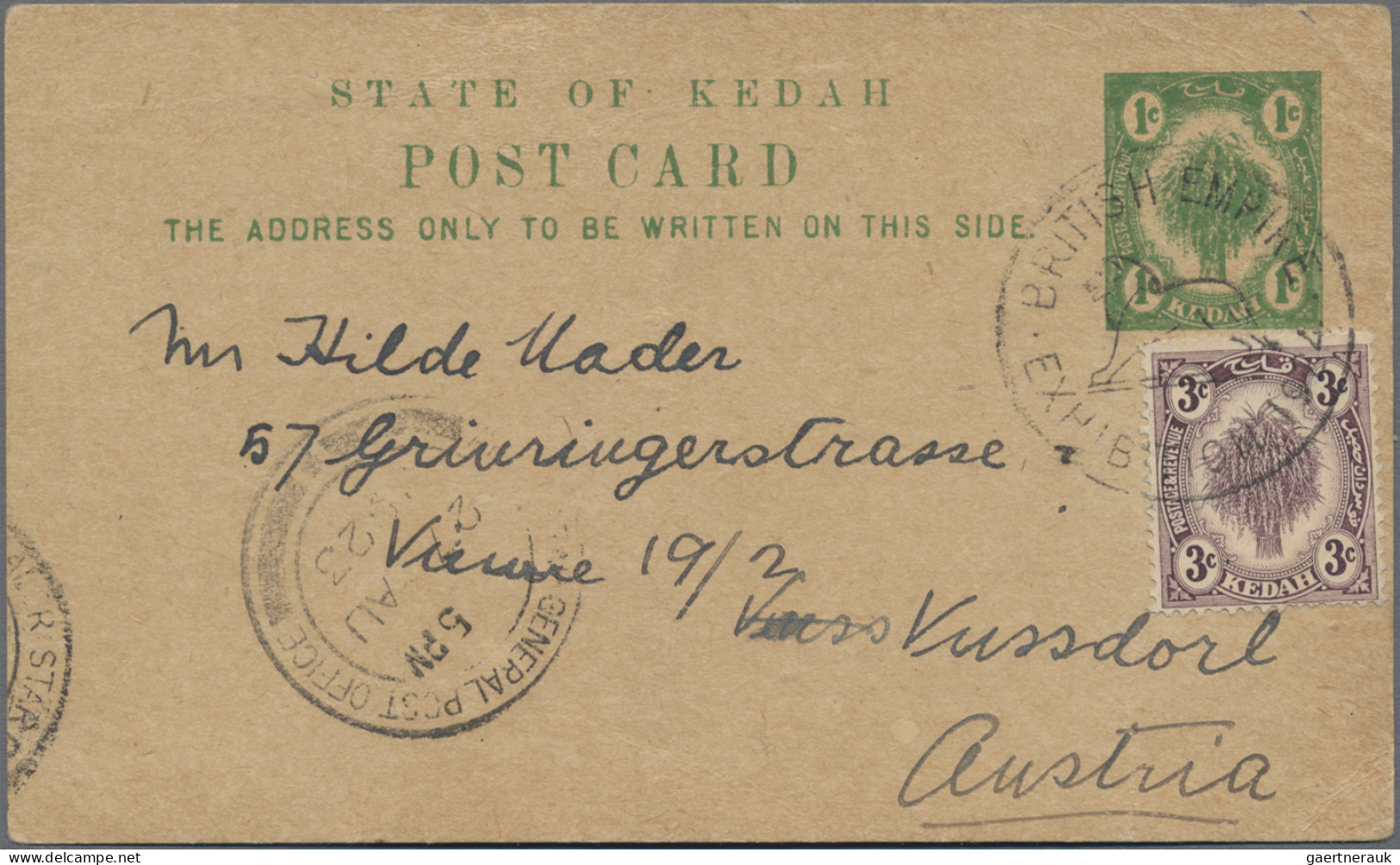 Malayan States - Kedah: 1923, Postal Stationery Card 1c, Uprated 3c, Used To Vie - Kedah