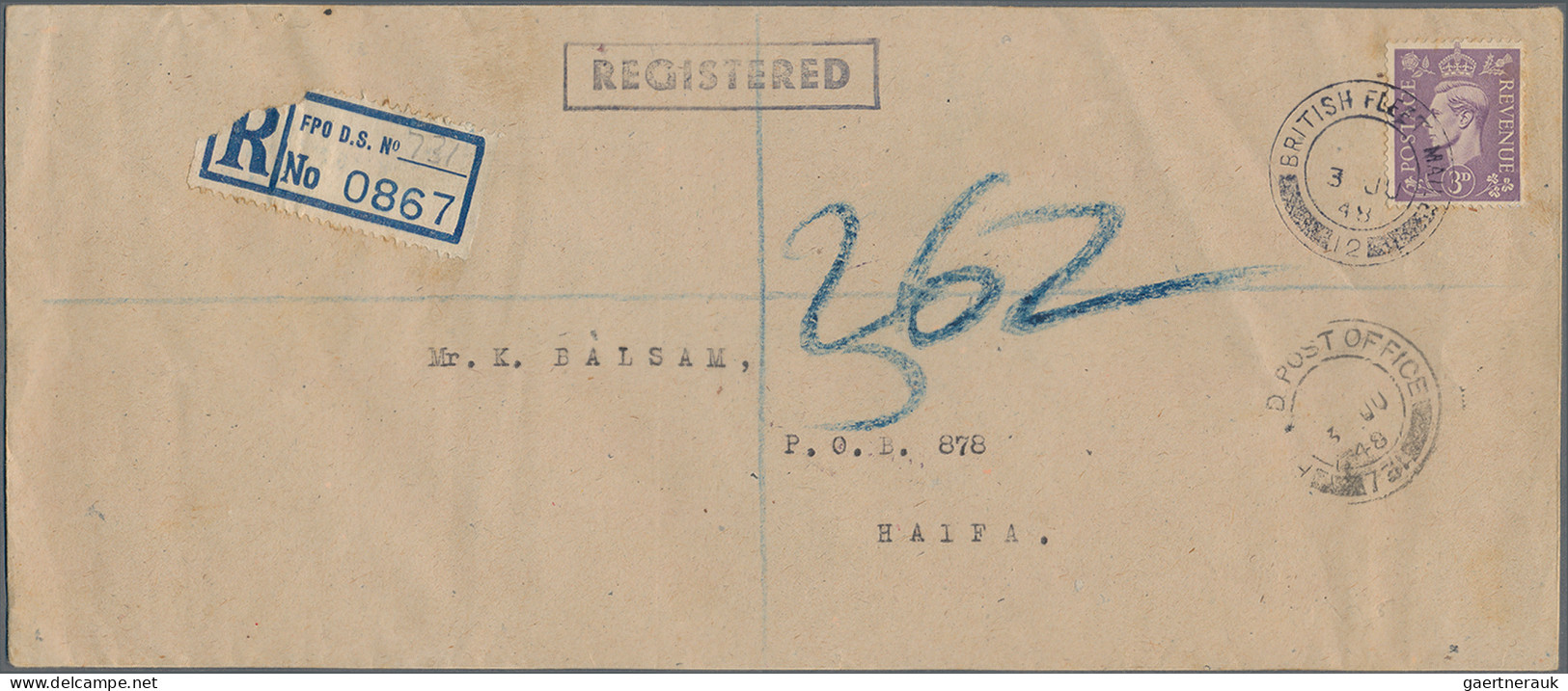 Palestine: 1948 Registered Envelope Written From 'H.M. Naval Office, Haifa' Addr - Palestina