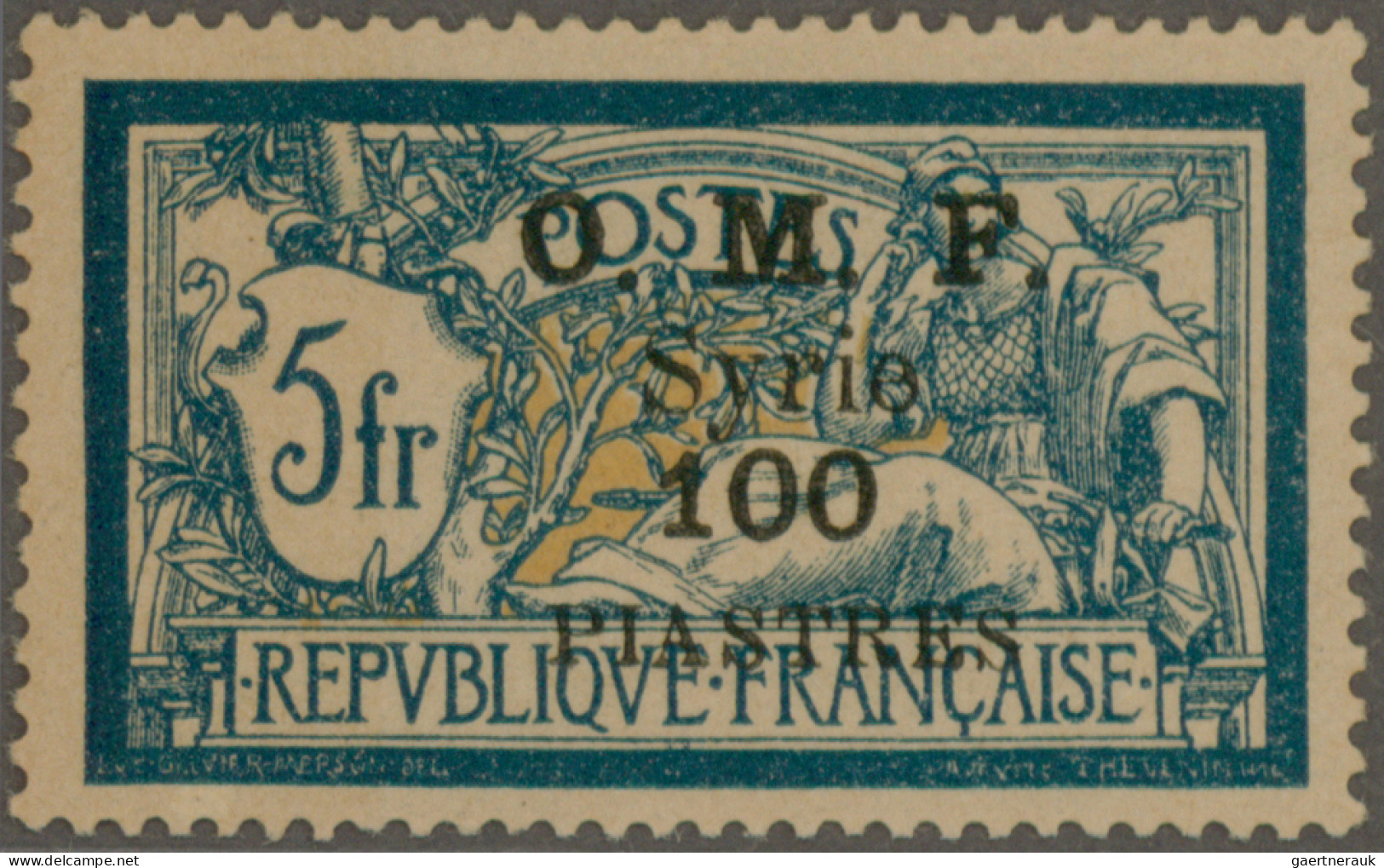 Syria: 1920, 100pi. On 5fr. Blue/cream, Black Overprint In Type III, Mint Never - Syrië