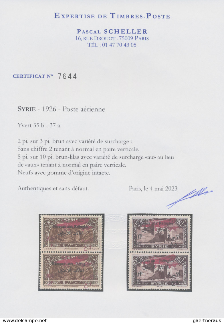 Syria: 1926, Refugee's Relief, Airmail Stamps 2pi. On 3pi. Brown Showing Variety - Syrie