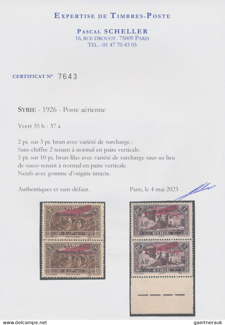 Syria: 1926, Refugee's Relief, Airmail Stamps 2pi. On 3pi. Brown Showing Variety - Syrien