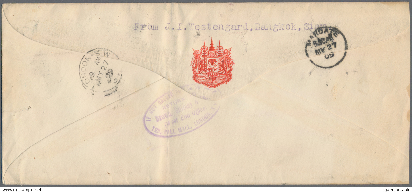 Thailand: 1909 Envelope (with Red Coat Of Arms On Back-flap) Used From Bangkok T - Thailand