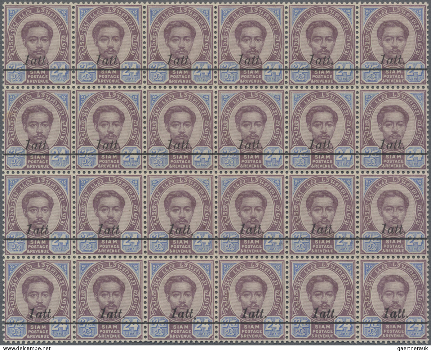 Thailand: 1907 Provisional 1a. On 24a. Purple & Blue, BLOCK OF 24, With Two Time - Thaïlande
