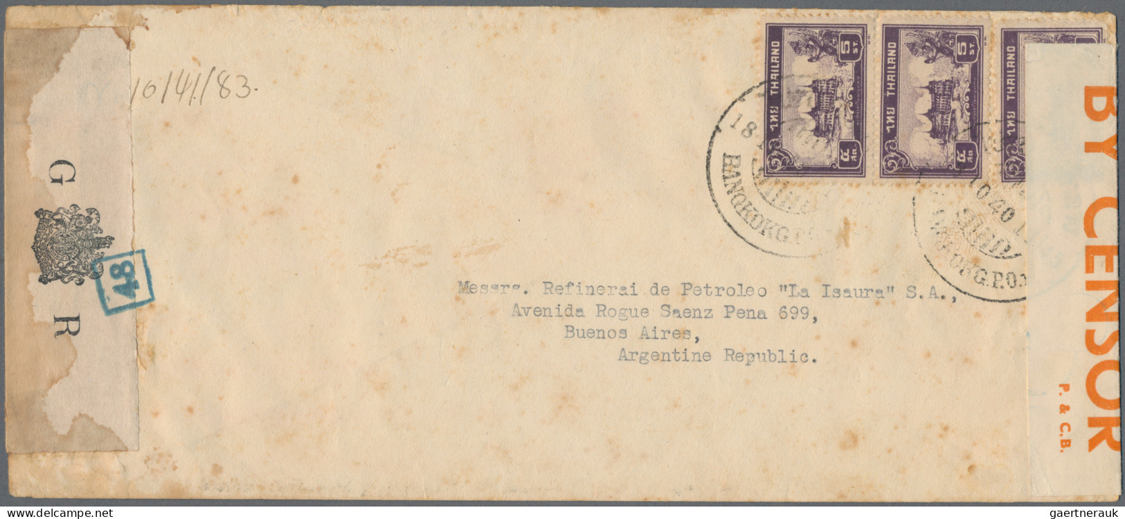 Thailand: 1940 Censored Envelope To Argentina Via Hongkong And Great Britain, Fr - Thailand