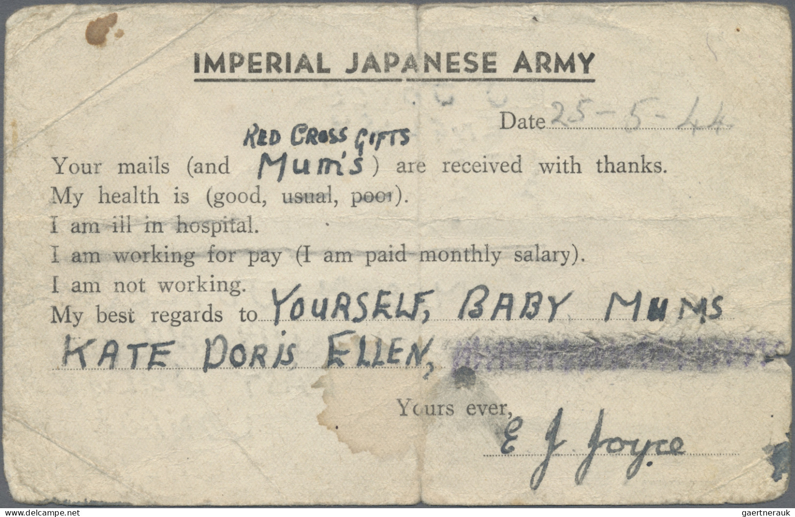 Thailand - Specialities: 1944 (25 May), Preprinted Card Of "Camp 2 P.O.W. Camp, - Thailand