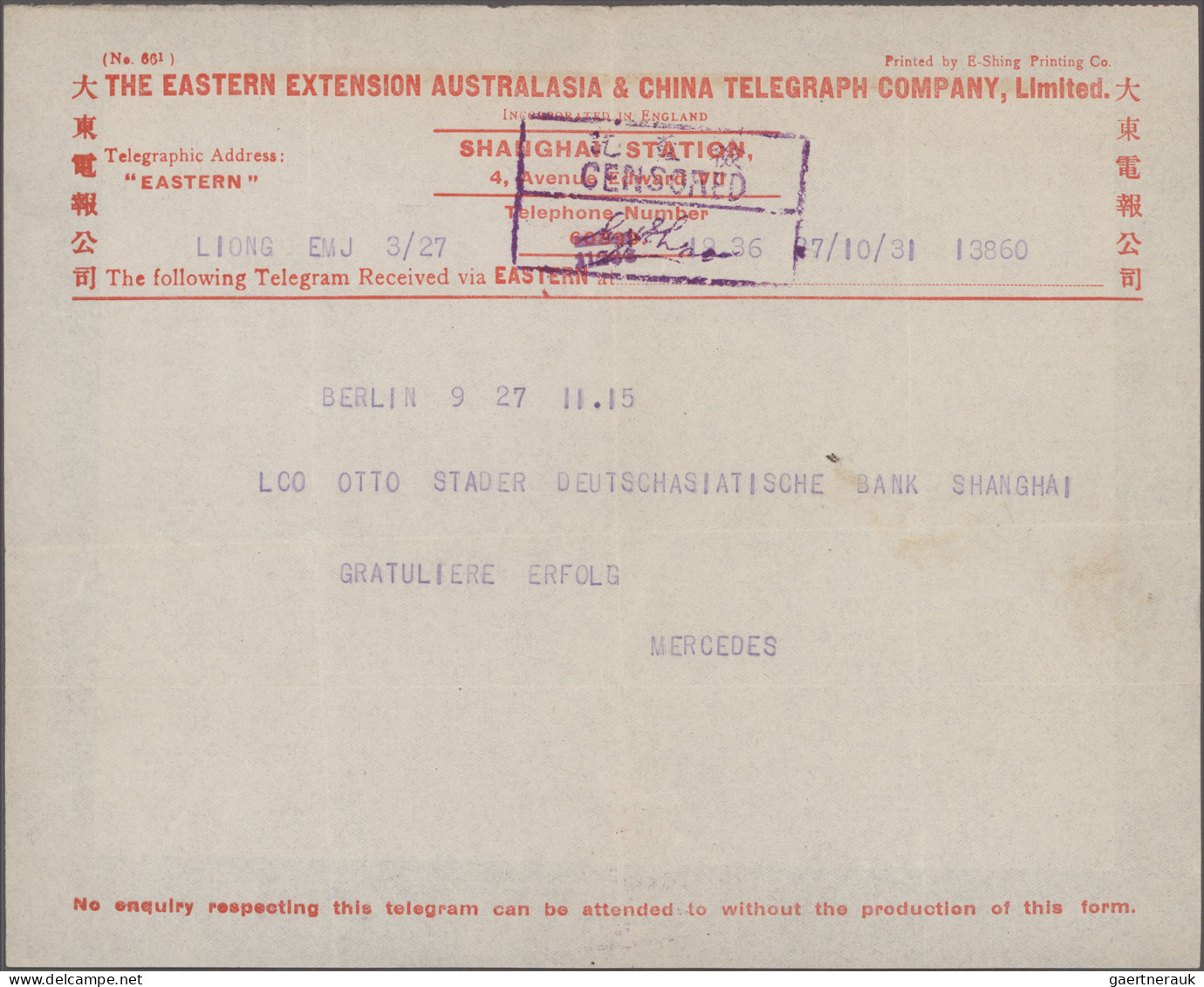 China - Specialities: 1907/80 (approx.), Collection Of 14 Telegramme Forms And I - Autres & Non Classés