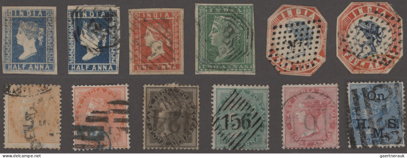 India: 1854/1877 Group Of 12 Better Stamps Including 1854-55 ½a. (two Singles, O - 1854 Compagnie Des Indes