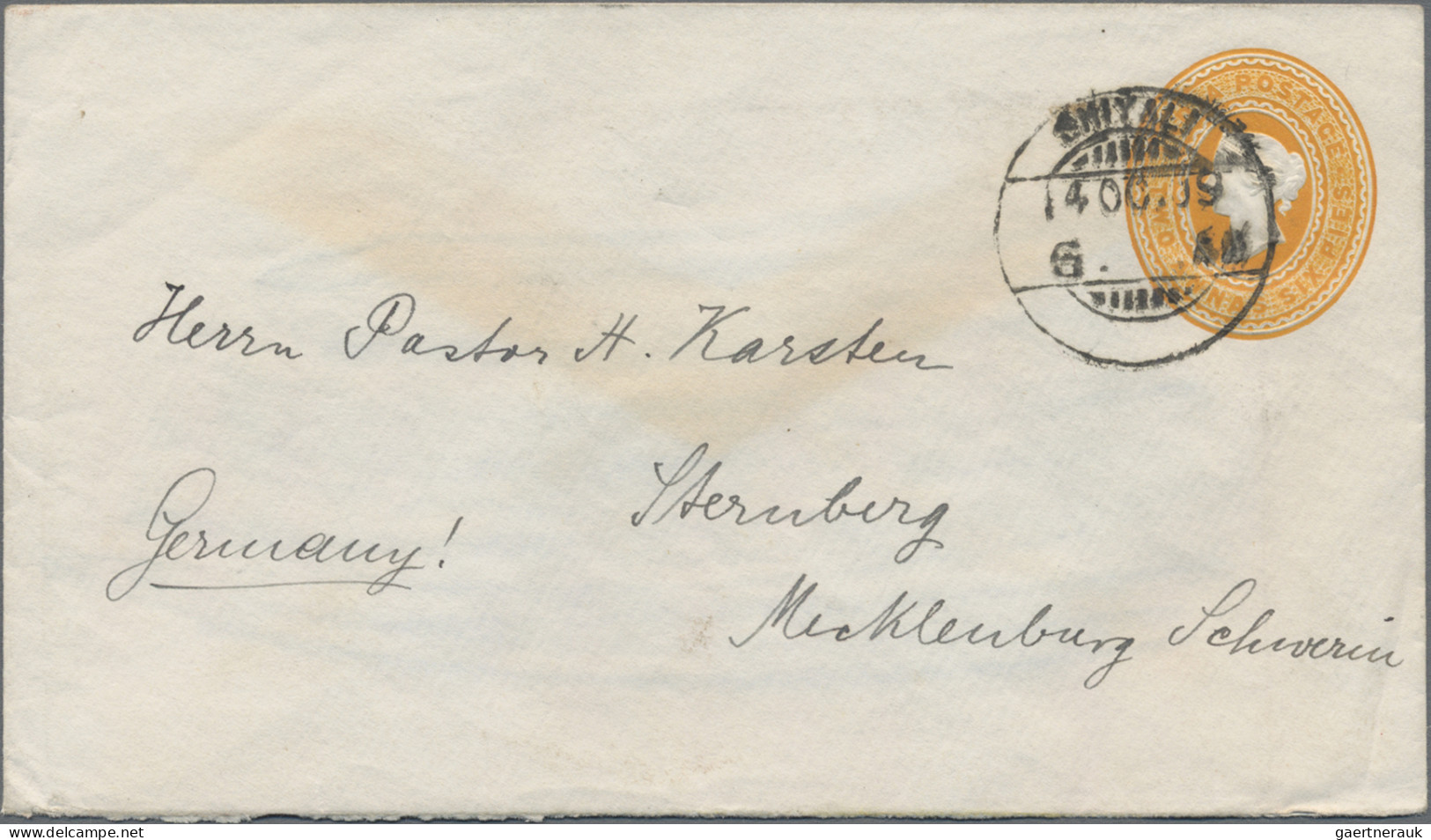 India - postal stationery: 1894-1909 Five postal stationery envelopes used from