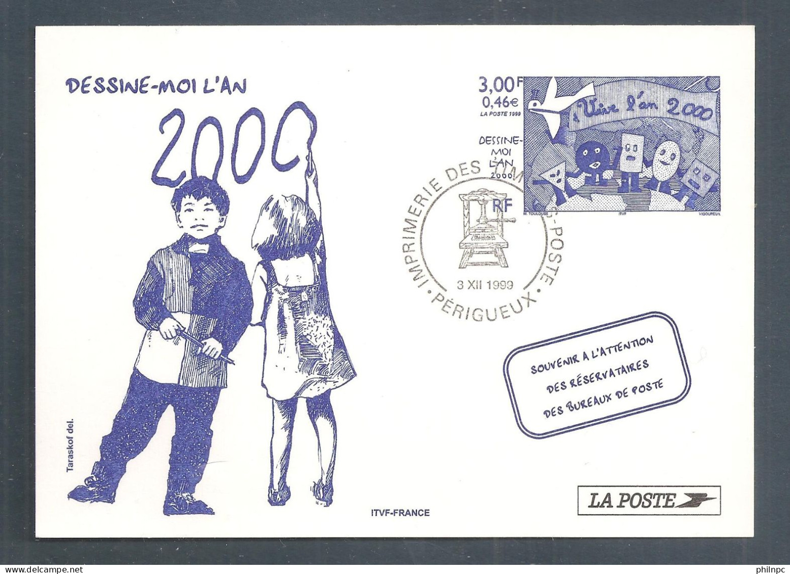 France, Entier Postal, Souvenir Philatélique, 3260, Oblitéré Périgueux, TTB, Dessine-moi L'an 2000, Dessin D'enfant - Pseudo-officiële  Postwaardestukken