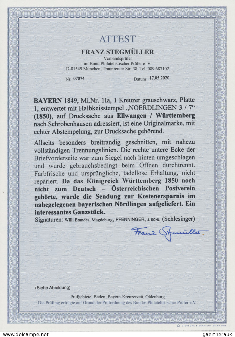 Bayern - Marken Und Briefe: 1849, 1 Kr. Grauschwarz, Platte 1, Entwertet Mit Hal - Autres & Non Classés