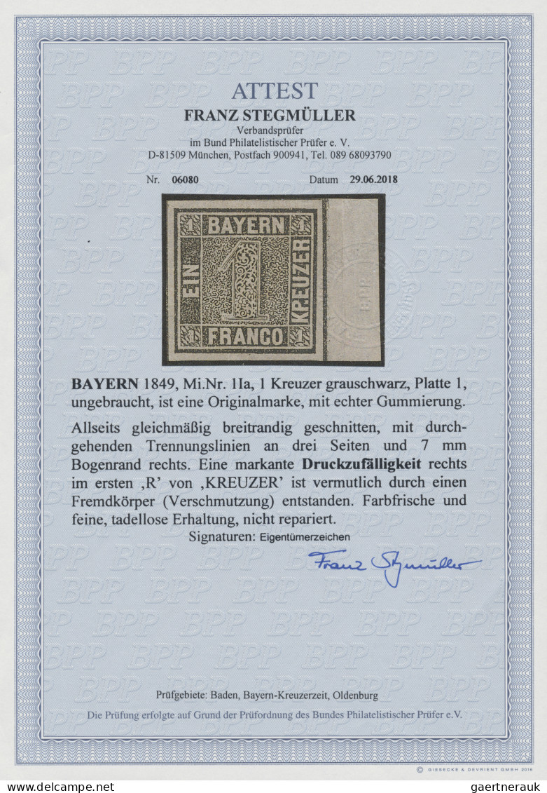 Bayern - Marken Und Briefe: 1849, 1 Kreuzer Grauschwarz, Platte 1, Ungebraucht, - Otros & Sin Clasificación