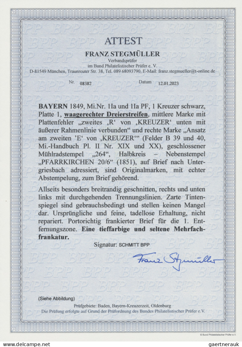 Bayern - Marken Und Briefe: 1849, 1 Kr. Schwarz, Platte 1, Waagerechter Dreierst - Autres & Non Classés