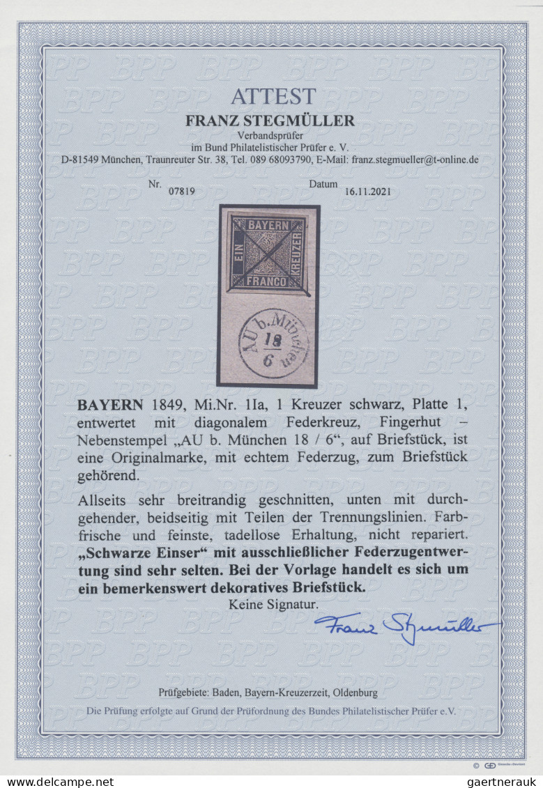 Bayern - Marken Und Briefe: 1849, 1 Kr. Schwarz, Platte 1, Entwertet Mit Diagona - Sonstige & Ohne Zuordnung