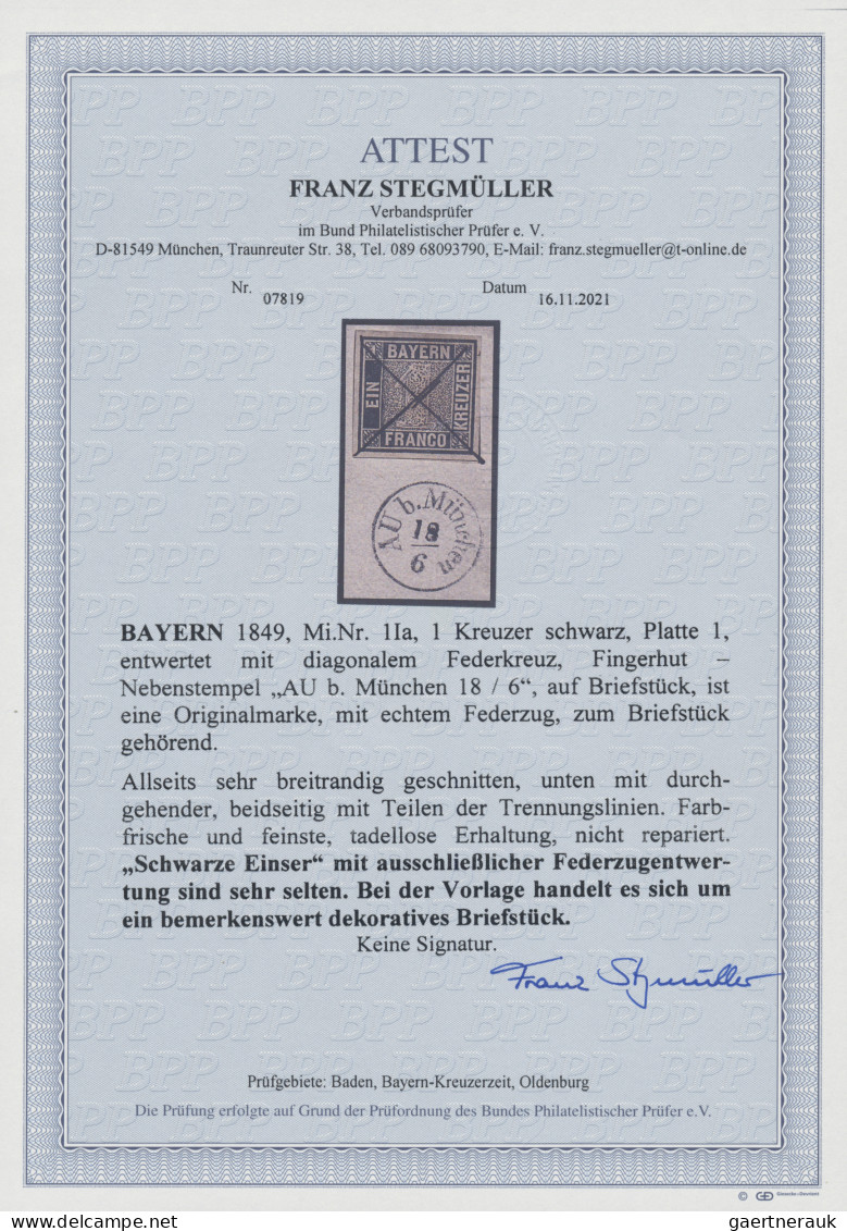 Bayern - Marken Und Briefe: 1849, 1 Kr. Schwarz, Platte 1, Entwertet Mit Diagona - Otros & Sin Clasificación