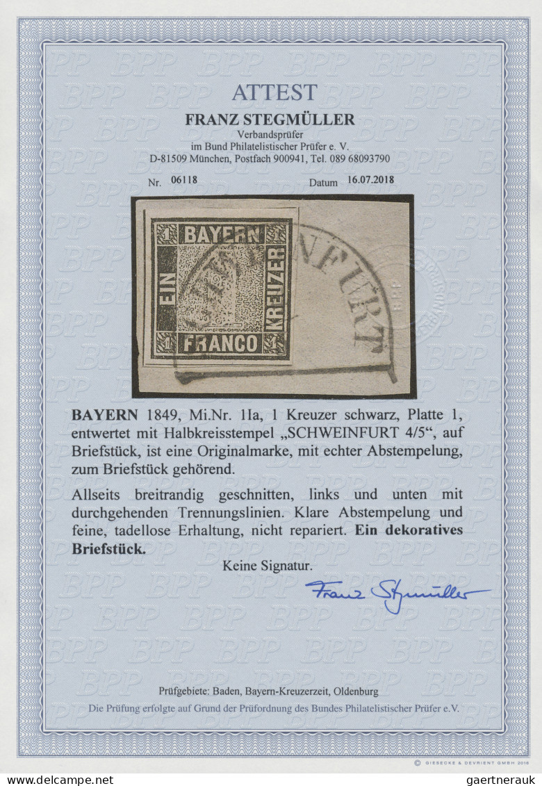 Bayern - Marken Und Briefe: 1849, 1 Kreuzer Schwarz, Platte 1 Auf Briefstück Mit - Sonstige & Ohne Zuordnung