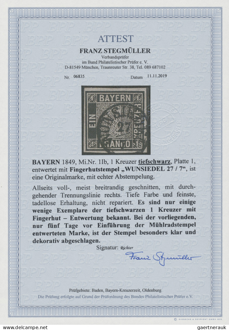 Bayern - Marken Und Briefe: 1849, 1 Kr. Tiefschwarz, Platte 1, Entwertet Mit Fin - Sonstige & Ohne Zuordnung