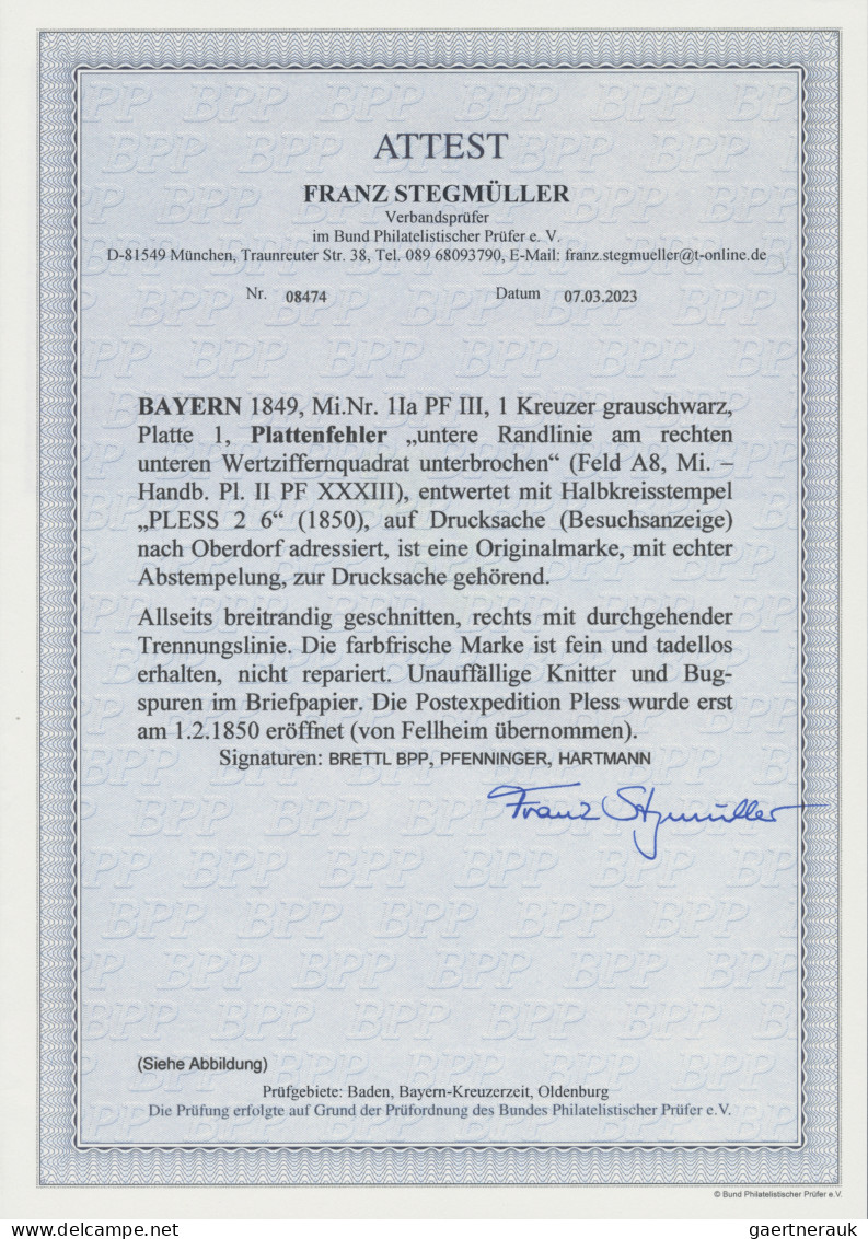 Bayern - Marken Und Briefe: 1849, 1 Kreuzer Grauschwarz, Platte 1, Plattenfehler - Andere & Zonder Classificatie