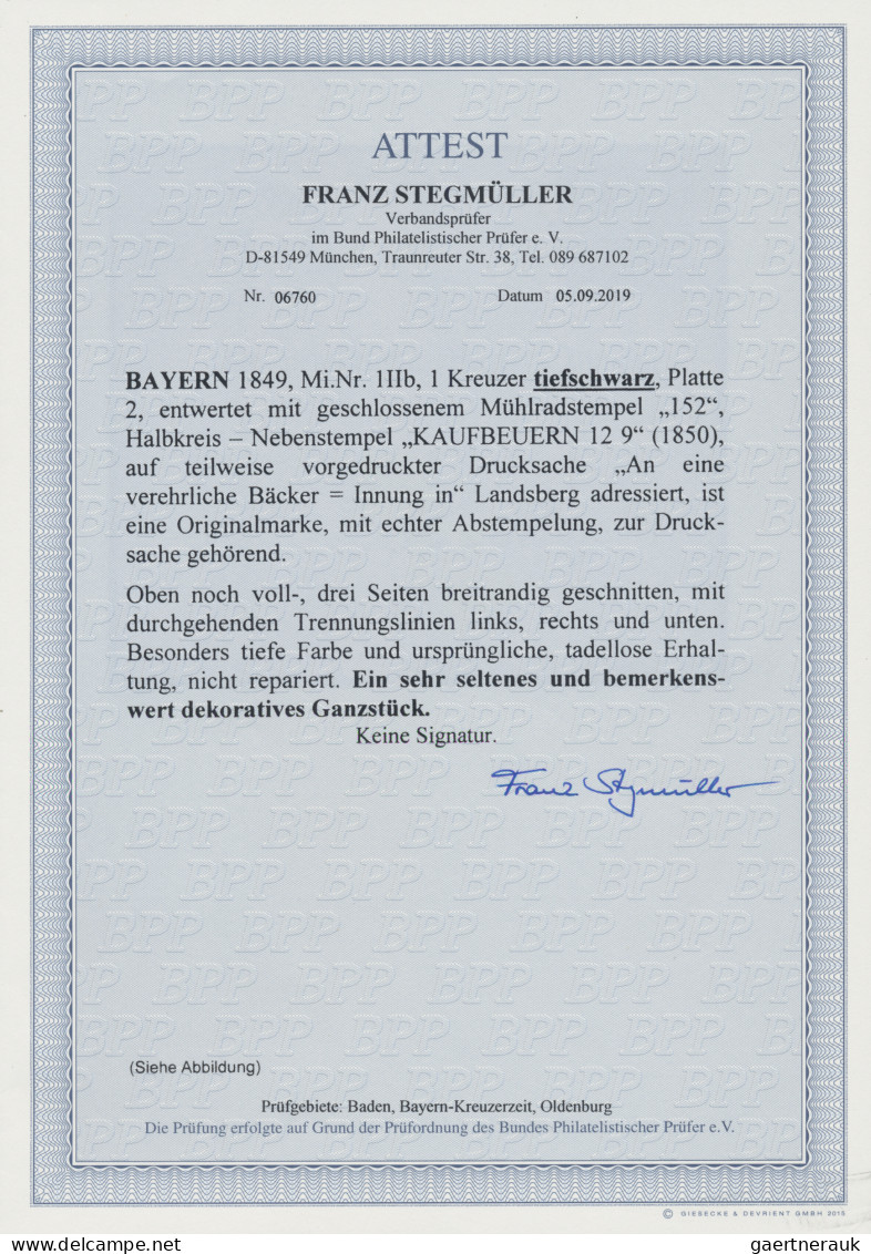 Bayern - Marken Und Briefe: 1849, 1 Kreuzer Tiefschwarz, Platte 2 - Bemerkenswer - Sonstige & Ohne Zuordnung