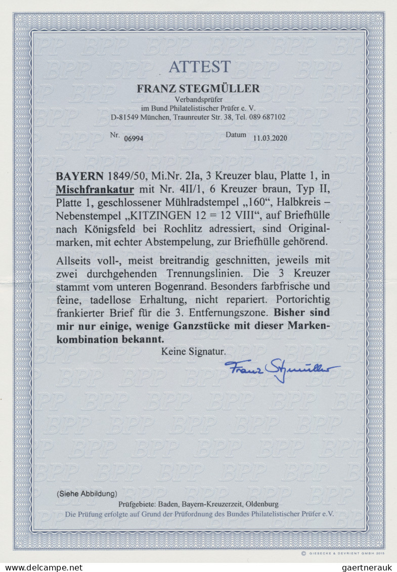 Bayern - Marken Und Briefe: 1849/1850, 3 Kr. Blau, Platte 1 In Mischfrankatur Mi - Autres & Non Classés