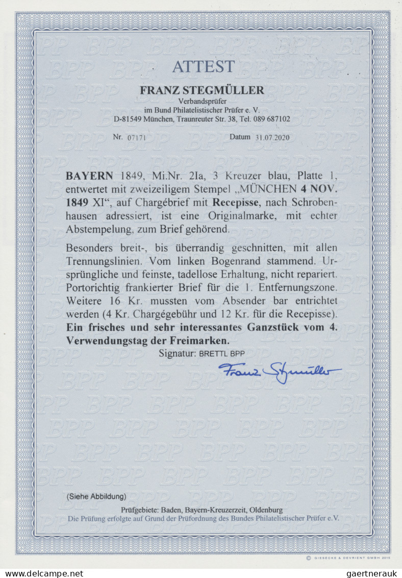 Bayern - Marken Und Briefe: 1849, 3 Kr. Blau, Platte 1, übergehend Entwertet Mit - Autres & Non Classés