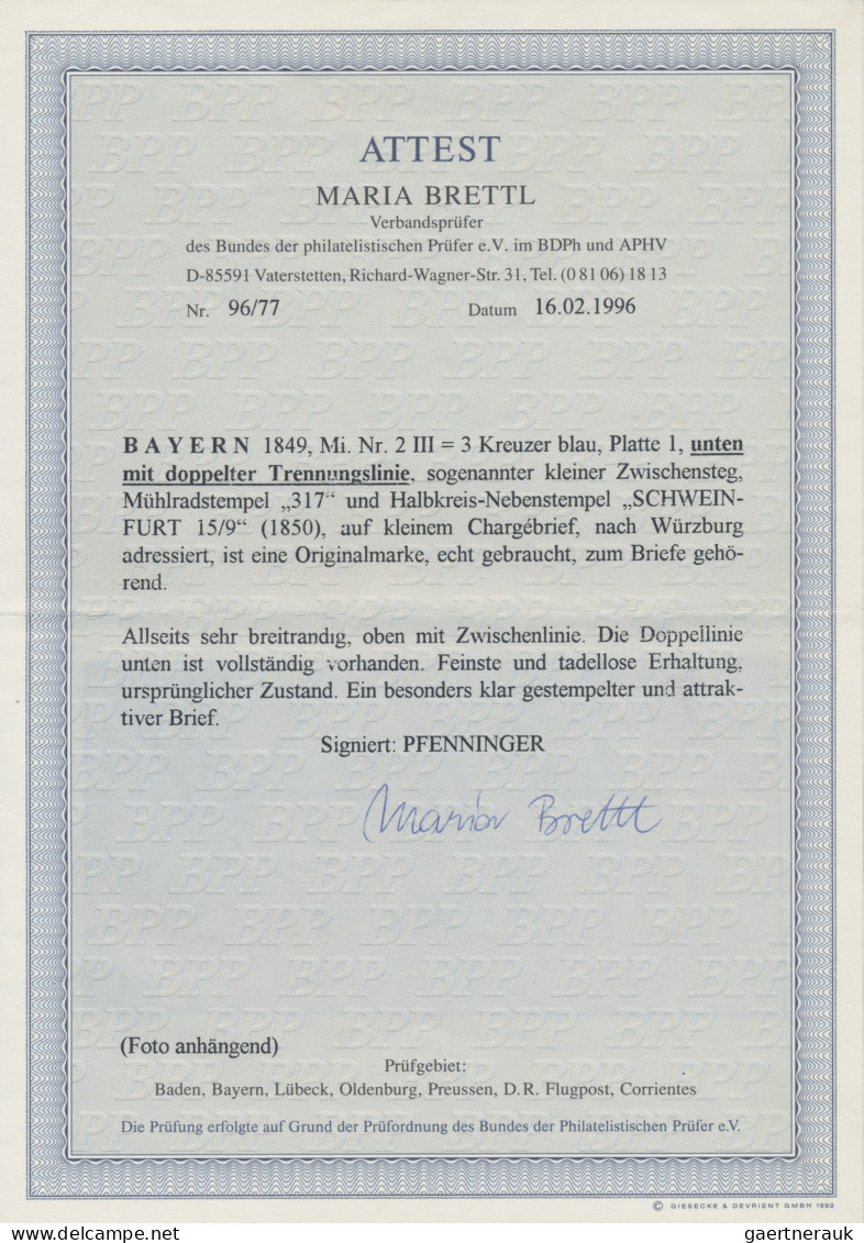 Bayern - Marken Und Briefe: 1849, 3 Kr. Blau, Platte 1, Unten Mit Doppelter Tren - Otros & Sin Clasificación