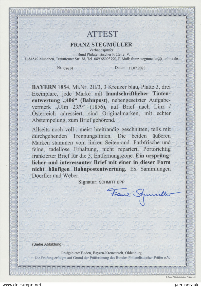 Bayern - Marken Und Briefe: 1854, 3 Kr. Blau, Platte 3, Drei Exemplare, Jede Mar - Autres & Non Classés