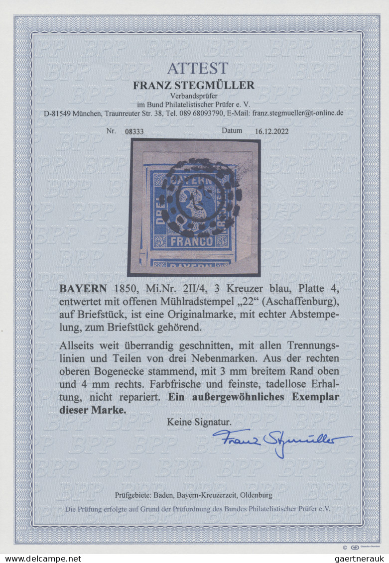 Bayern - Marken Und Briefe: 1850, 3 Kr. Blau, Platte 4, Entwertet Mit Offenem Mü - Autres & Non Classés