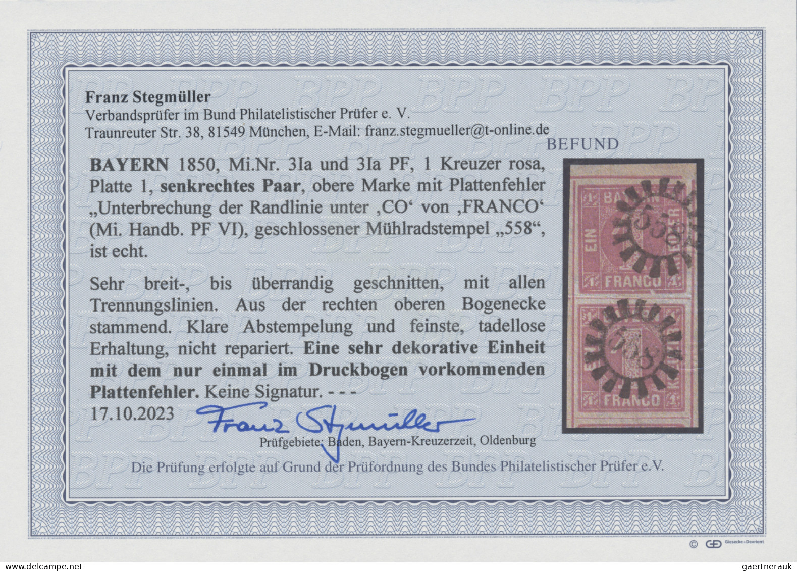 Bayern - Marken Und Briefe: 1850, 1 Kr. Rosa, Senkrechtes Paar Aus Der Rechten O - Autres & Non Classés