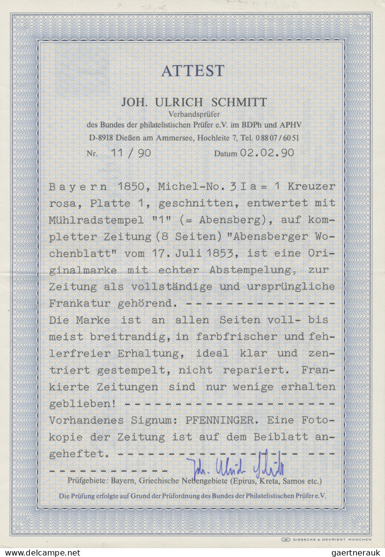 Bayern - Marken Und Briefe: 1850, 1 Kreuzer Rosa, Platte 1, Allseits Voll- Meist - Sonstige & Ohne Zuordnung