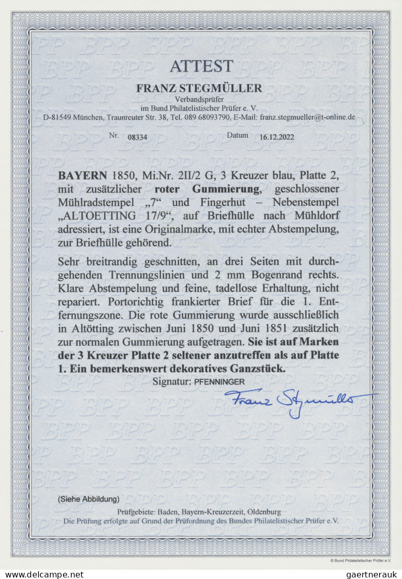 Bayern - Marken Und Briefe: 1850, 3 Kr. Blau, Platte 2 Mit Zusätzlicher Roter Gu - Sonstige & Ohne Zuordnung