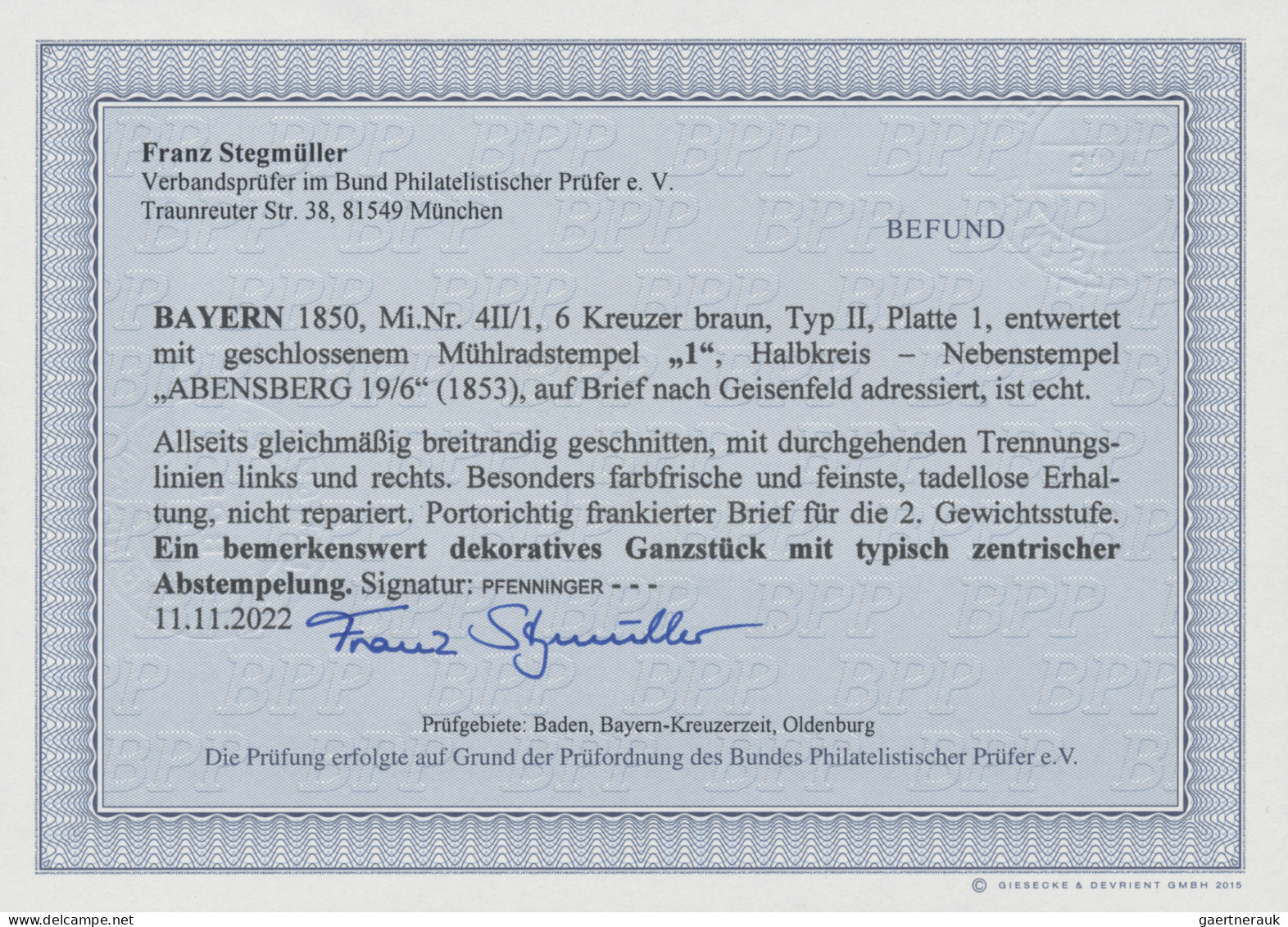 Bayern - Marken Und Briefe: 1850, 6 Kr. Braun, Typ II, Platte 1, Entwertet Mit G - Autres & Non Classés