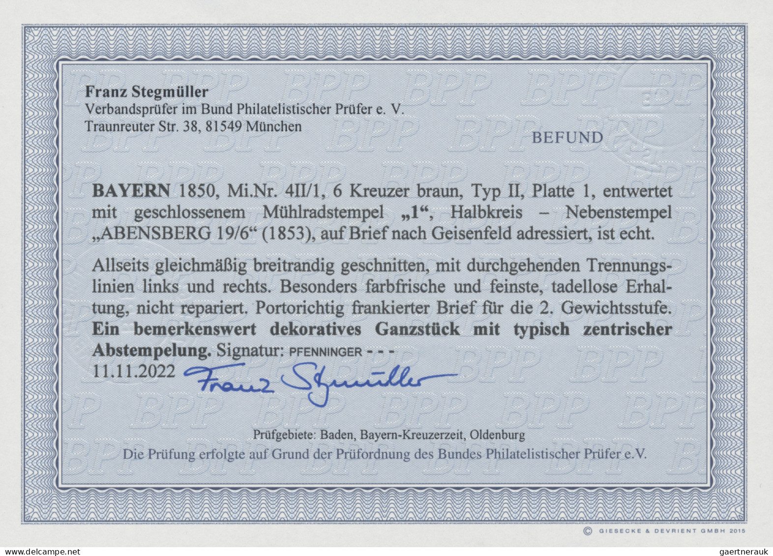 Bayern - Marken Und Briefe: 1850, 6 Kr. Braun, Typ II, Platte 1, Entwertet Mit G - Otros & Sin Clasificación