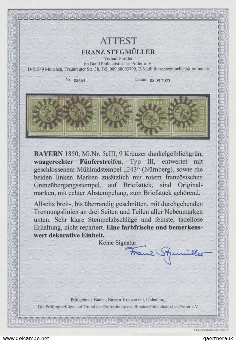 Bayern - Marken Und Briefe: 1850, 9 Kr. Dunkelgelblichgrün, Waagerechter Fünfers - Sonstige & Ohne Zuordnung