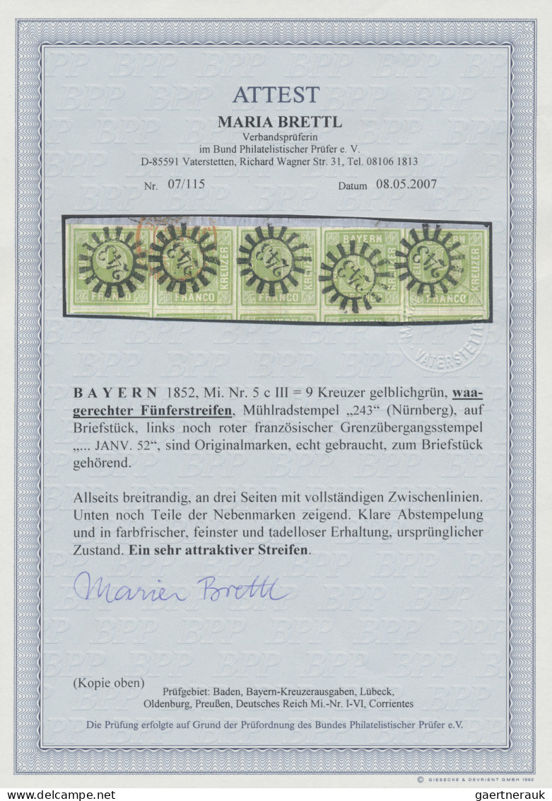 Bayern - Marken Und Briefe: 1850, 9 Kr. Dunkelgelblichgrün, Waagerechter Fünfers - Sonstige & Ohne Zuordnung