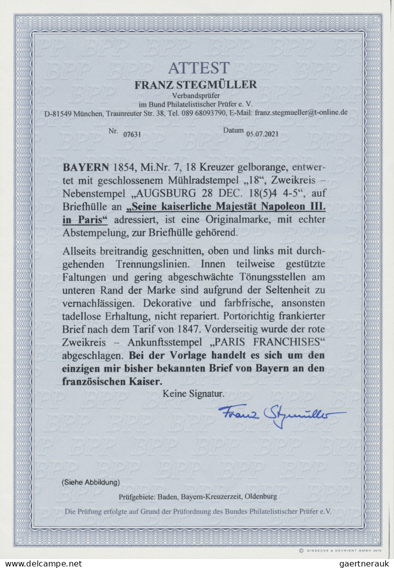 Bayern - Marken Und Briefe: 1854 AUGSBURG-PARIS: BISHER EINZIG BEKANNTER BRIEF A - Sonstige & Ohne Zuordnung