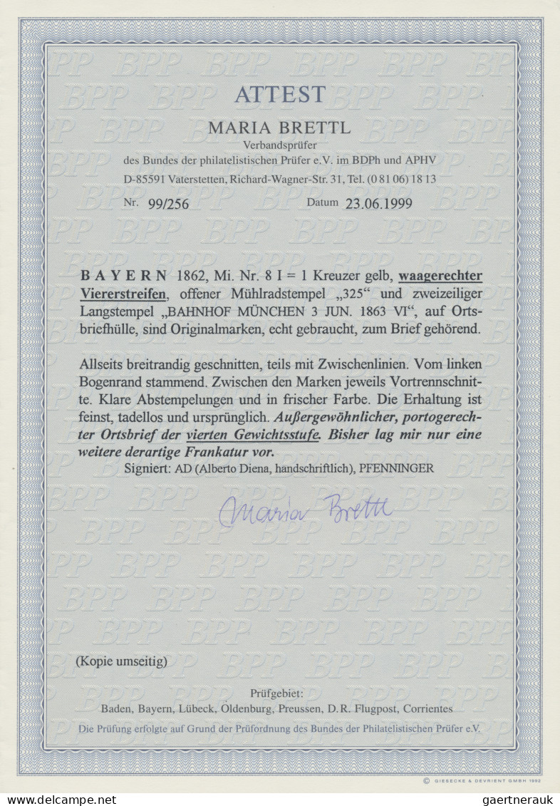 Bayern - Marken Und Briefe: 1862, 1 Kr. Gelb, Plattentyp I, Waagerechter Vierers - Sonstige & Ohne Zuordnung